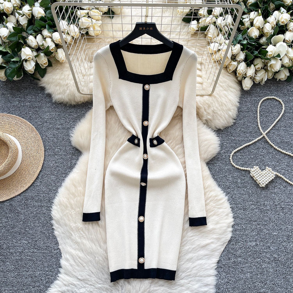 Frenchclassy small fragrant fashionablecontrast color square collar pearl button silmdress women's waist bag hip knitting skirt