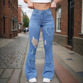 Fashionjeans women's high waist heart raw edge ripped slightly flared pants silm wide leg flared denim pants export