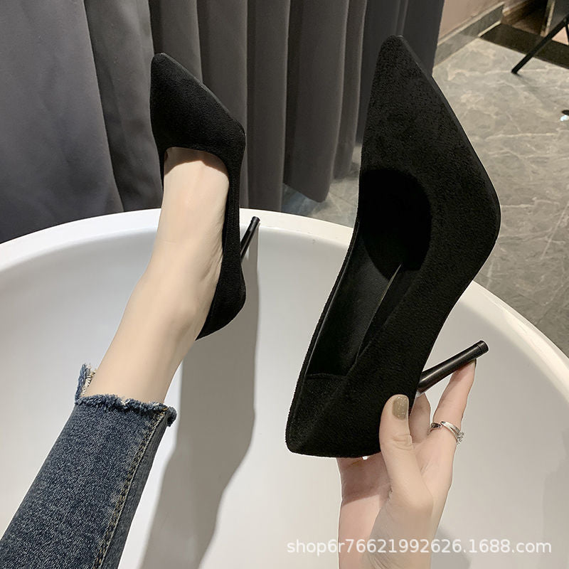 High heels for women 2024 spring and autumn new arrival black stiletto pointed toe flats suede professional shoes exportplus size etiquette shoes