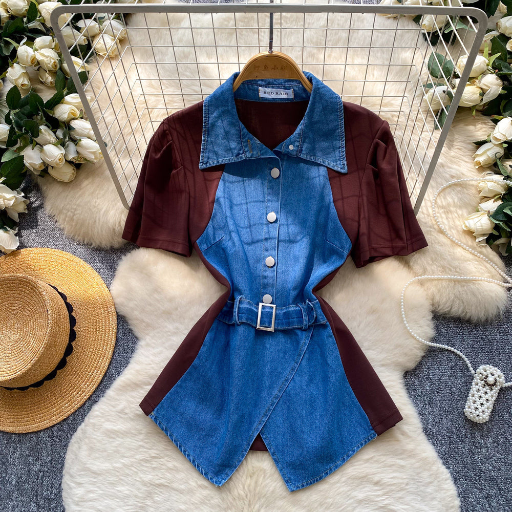 Frenchretro denim patchworkretroshirt women's summer short-sleeved waist tie backslimming lookwork clothing styletops