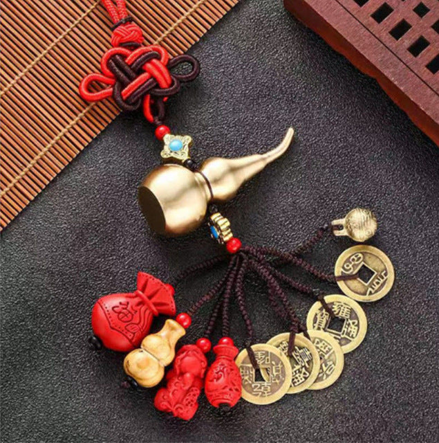 Car pendant chinese knot cinnabar copper gourd perfect car hanging five emperors money key chain mahogany car pendant