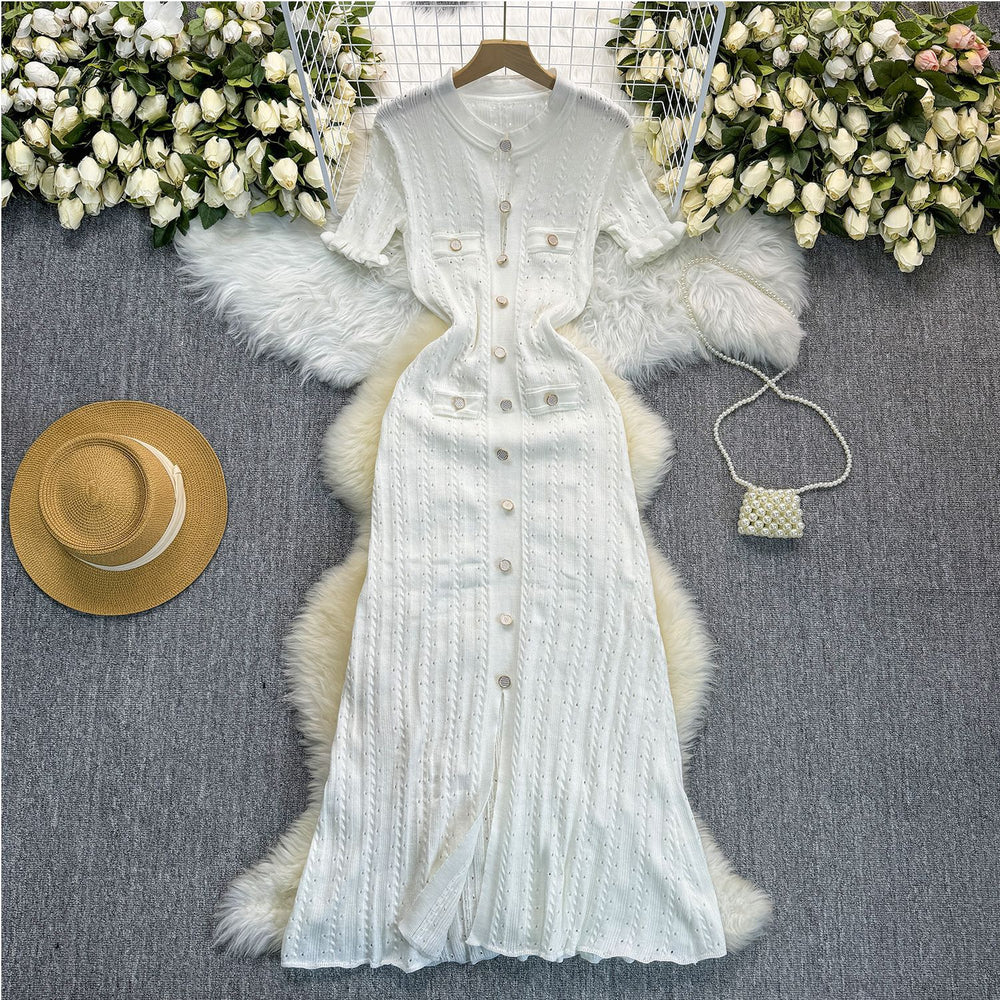 New arrival small fragrance classy sense cut out fungus lace sleeve button decoration silmslimming lookknittingdressfashion