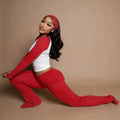 Amazon american casual sports suit comfy basics contrast color long sleeves t-shirt flip waistpants fitness three-piece set wholesale