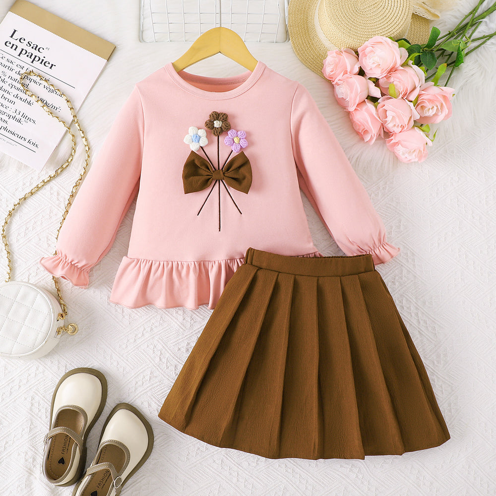 girls' skirt set: pink lace long-sleeve top with brown pleated skirt and floral appliqué - two-piece outfit for kids