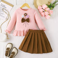 girls' skirt set: pink lace long-sleeve top with brown pleated skirt and floral appliqué - two-piece outfit for kids