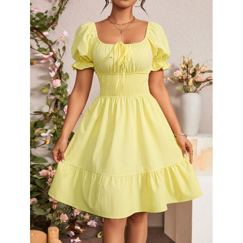 fashion  summer new arrivalelegantrufflespure color puff sleeve square neck shortdress