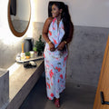 Fashion style cross-border women's clothing waist elegantcasual trendy hip skirt swing collar longprintingbackless pleated dress