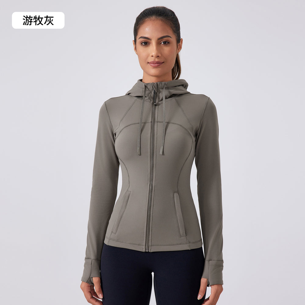New women's fleece-lined yoga jacket - slim fit, tight-fitting, hooded activewear top for running and fitness - daw179