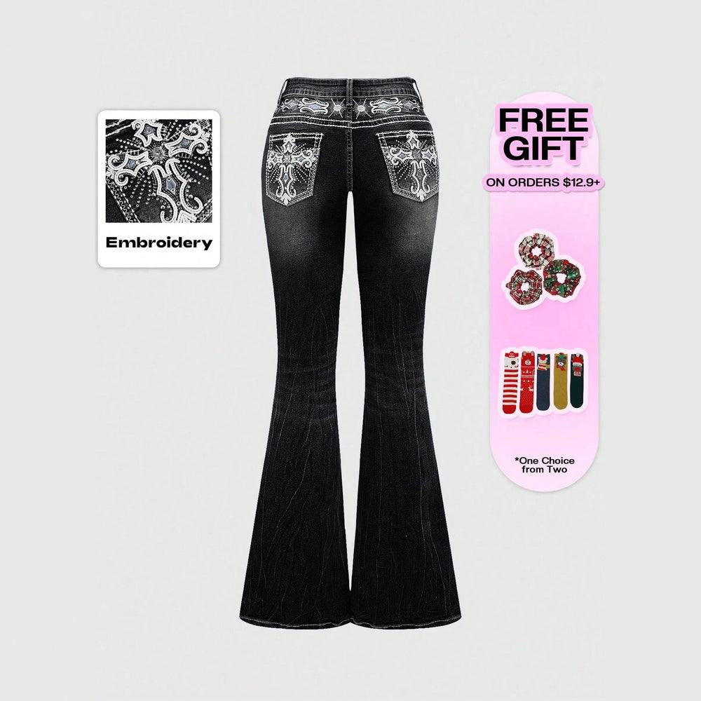 European and american western style heavy embroidery rhinestone flare jeans - women's high waist vintage washed slim fit bootcut