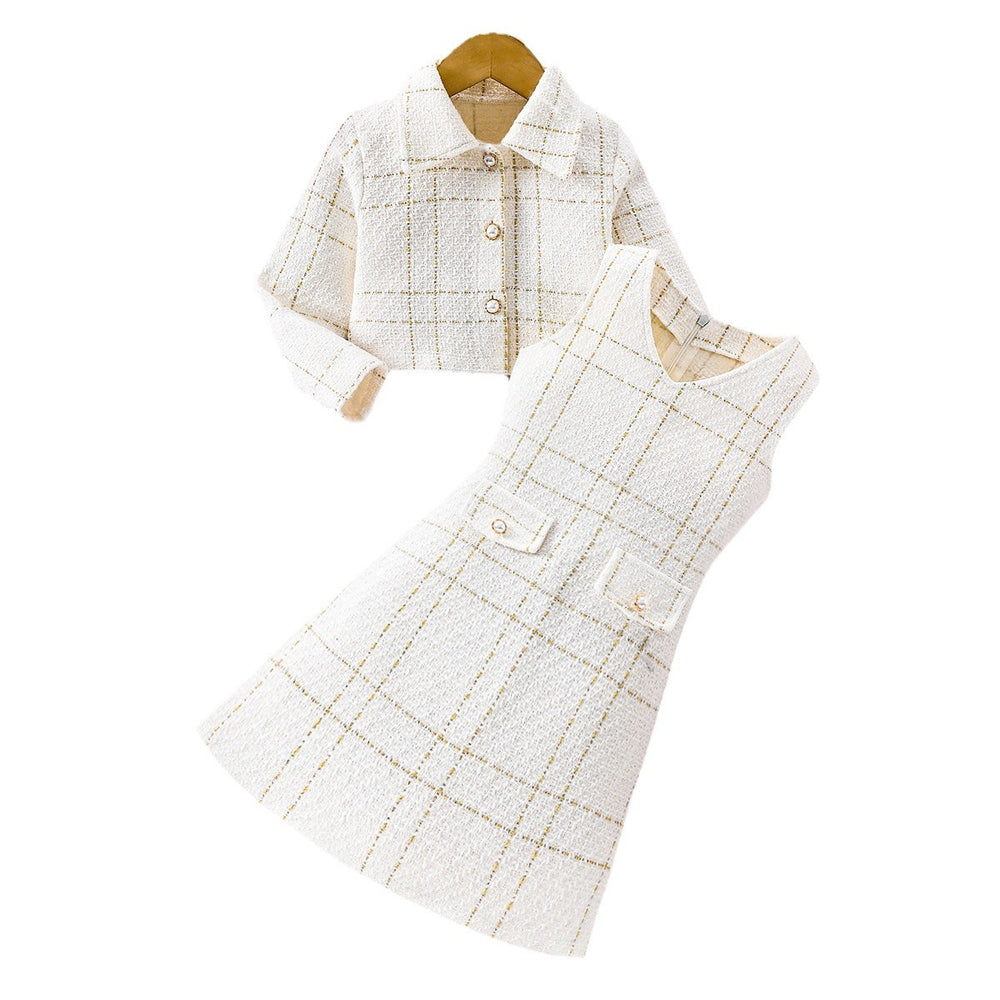 Exportgirl small fragrant suitchildren'swhite lapel outwearstripes vest skirt kidstwo-piece set skirt