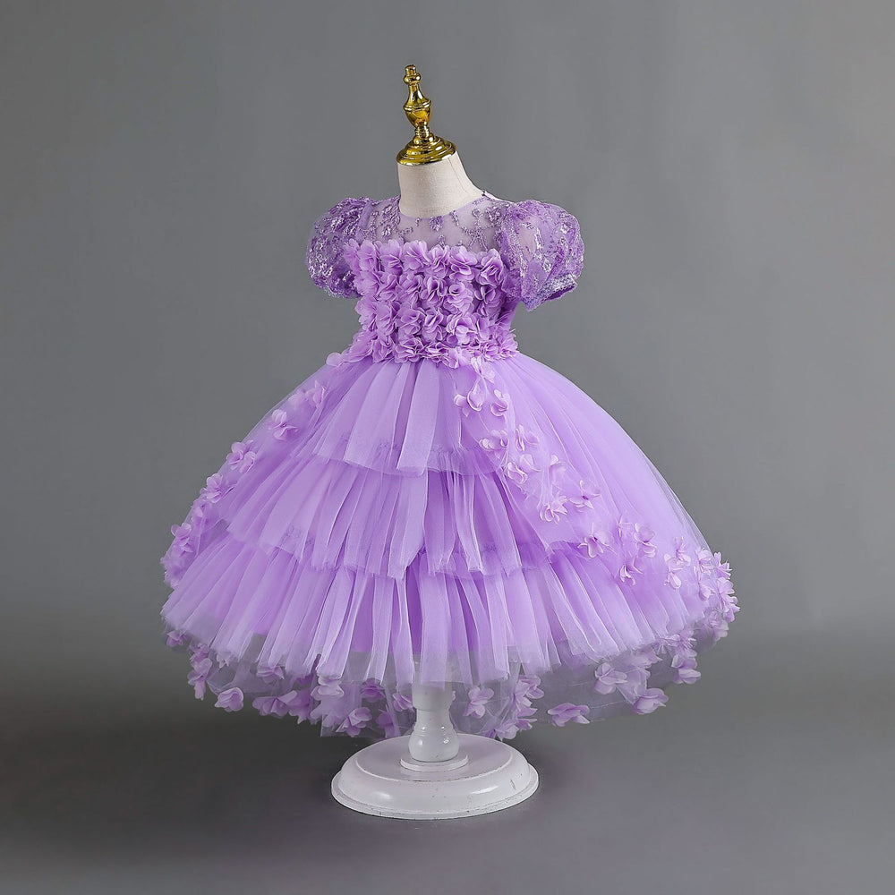 New arrival: lace petal children's formal dress - princess wedding gown with train for little girls