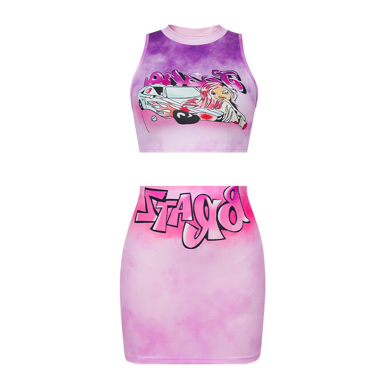 Round neck sleeveless character letter printing hip skirt casualsuitfashionsummernew arrival street trendy