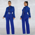 X6345   fashion women's belted lace hollow-out solid color long sleeve jumpsuit