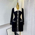 Autumn/winter chic: elegant color block knit dress with pearl button detail - slim fit, figure-flattering knit mini dress