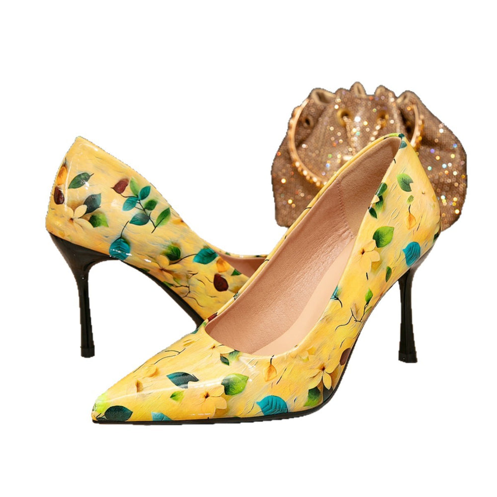 Huizhou city aliexpress women's high heels - fashionable yellow printed pointed-toe stiletto heel pumps