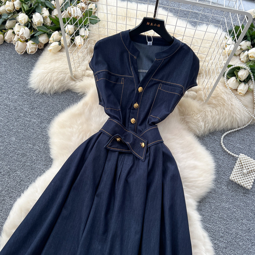 Frenchretrov neck metal buckle topstitch waist elegant sleeveless dress women's summer slimming lookelegance denim long skirt