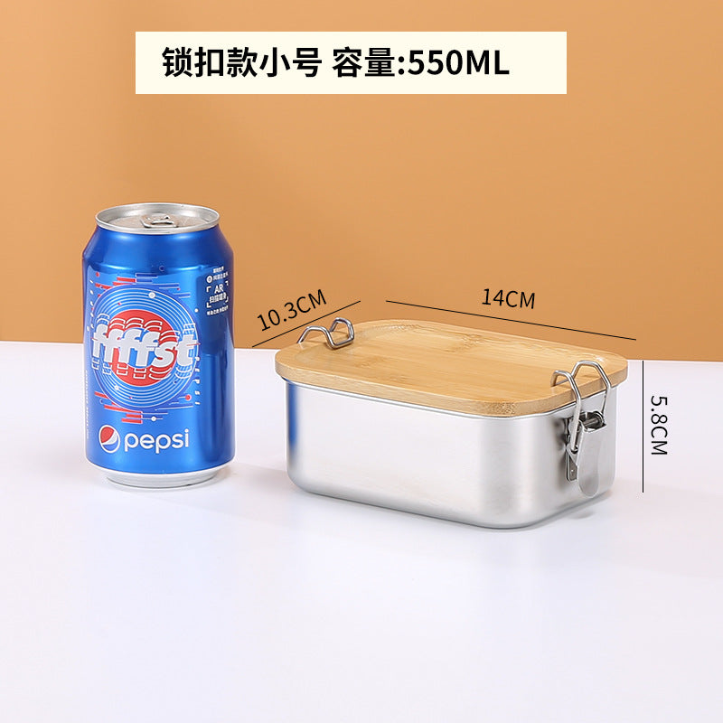 304 stainless steel Japanese fresh-keeping box with bamboo cover storage refrigerator storage rectangular wooden cover lunch box stainless steel box