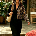 Black and brown leopard print color block plus size top - mandarin collar cardigan, long sleeve, patchwork, casual commute, loose fit women's shirt