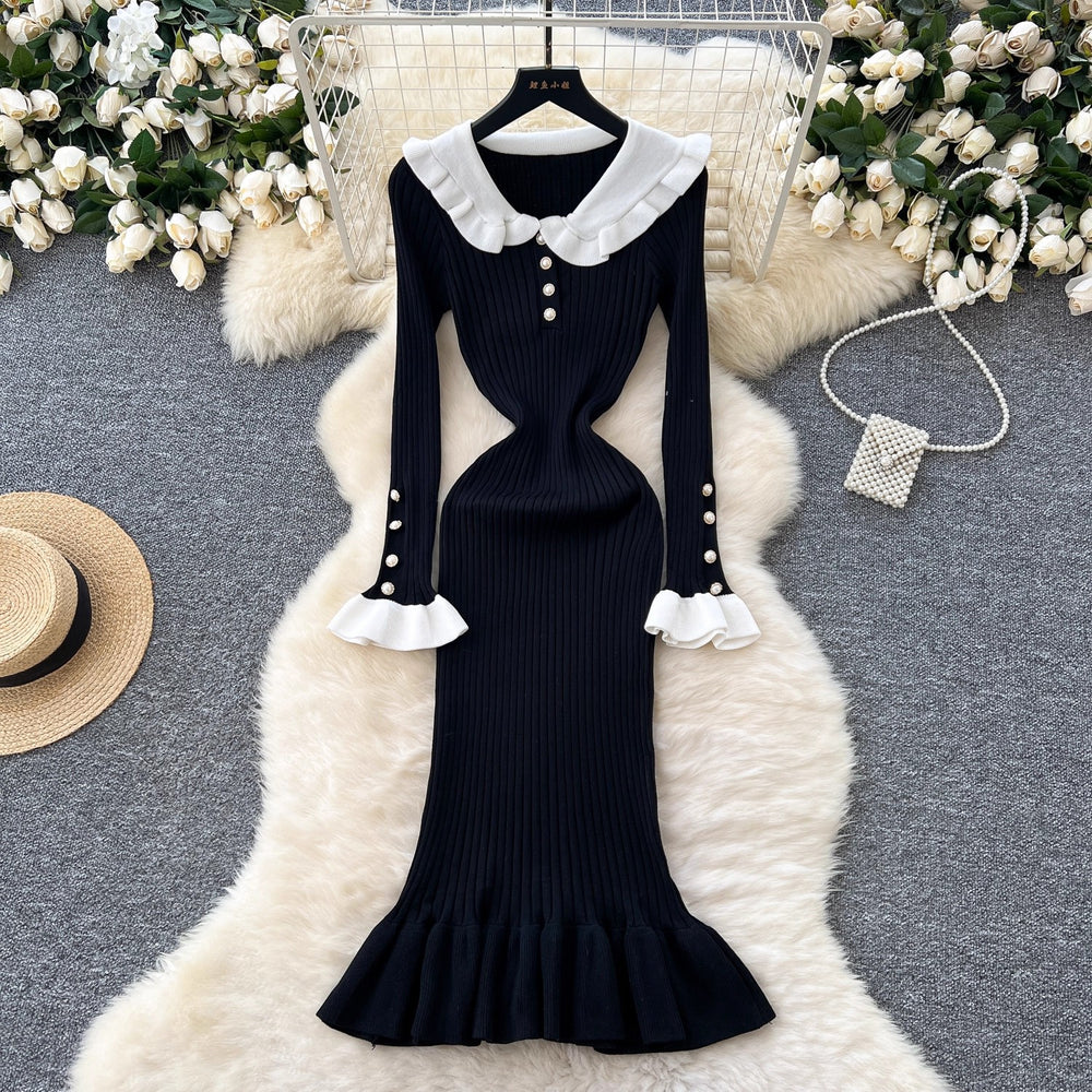 Frenchretro doll collar bell sleevesilmdress women's autum waist slimming lookelegantrufflesknitting skirt