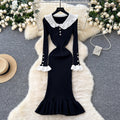 Frenchretro doll collar bell sleevesilmdress women's autum waist slimming lookelegantrufflesknitting skirt