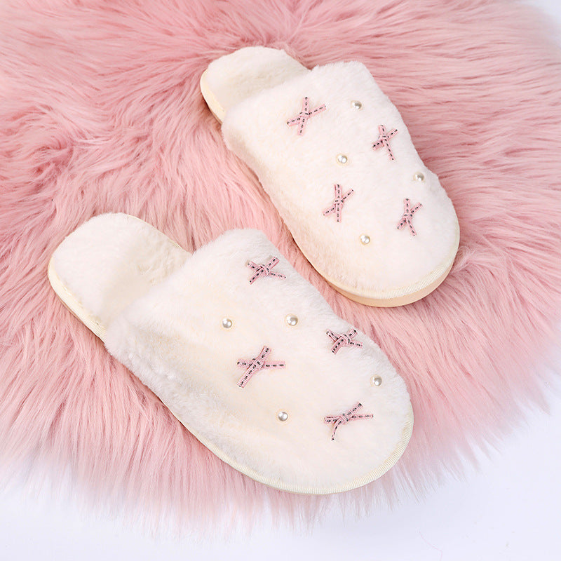 Cute girly ins style cotton slippers for women indoor flatsfor homeheattechfall and winterbowspopular furry slippers
