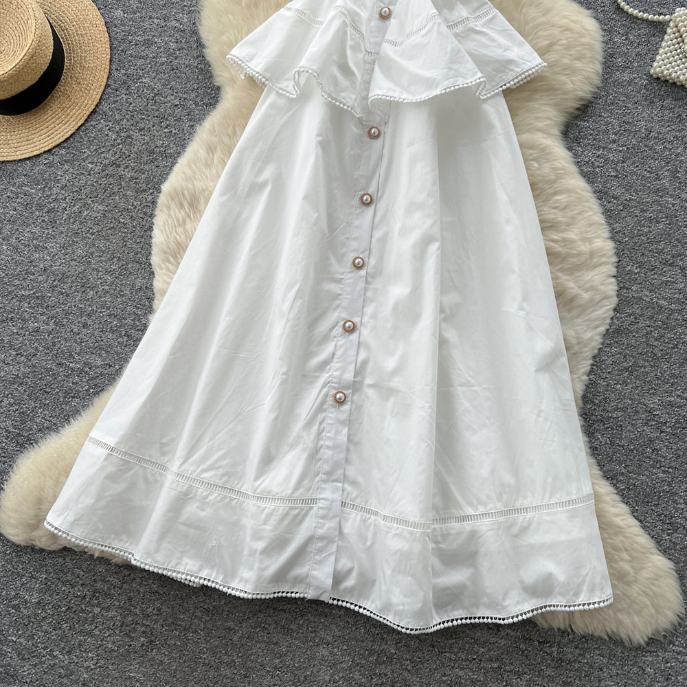 new white sleeveless a-line dress for women - summer workwear, high-waisted, fresh & chic maxi dress