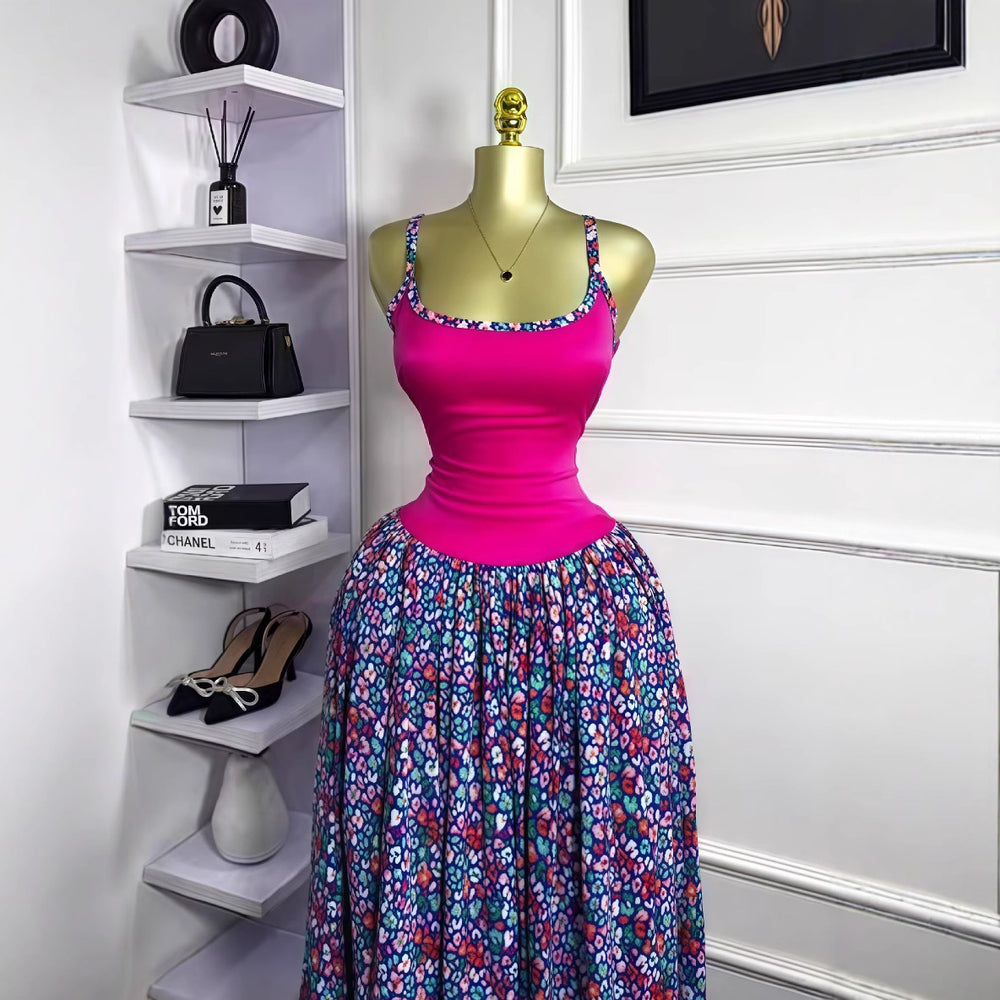 European and american cross-border women's fashion  summer new sleeveless printed sexy camisole bodycon ruched maxi dress