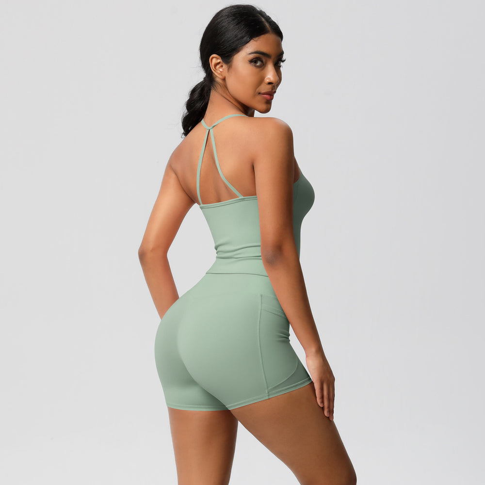 Cloud-feel, brushed, quick-dry yoga set: tank top with racerback, butt-lifting shorts, and pockets - perfect for running and fitness