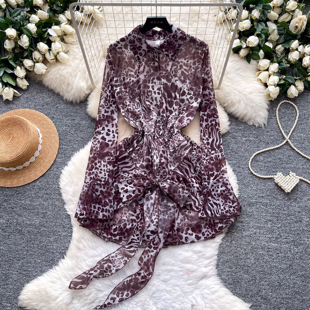 Korean style purple leopard print slim-fit dress - women's summer long sleeve tie-waist a-line dress - commuter chic