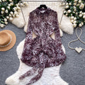 Korean style purple leopard print slim-fit dress - women's summer long sleeve tie-waist a-line dress - commuter chic
