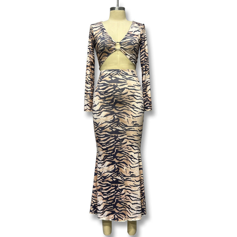 Fashion cross-border export women's clothing  autumn new arrival tiger pattern ring fungus ear exposed navel long skirt suit women's wholesale