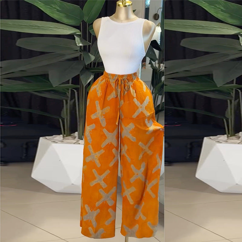 European and american women's clothing  autumn new sweet and fresh printed drawstring design high-waisted slimming wide-leg pants
