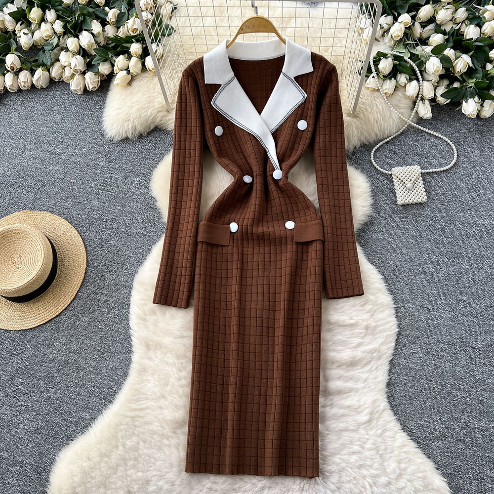Classy tweed stylefashionablecontrast color suit collar long sleeves double breasted waist knittingdress women's bottom long skirt