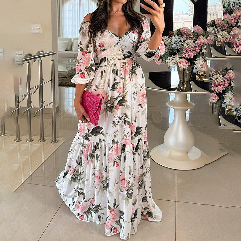 cross-border e-commerce women's fashion: european and american summer new arrivals - stylish and elegant printed v-neck maxi swing dress
