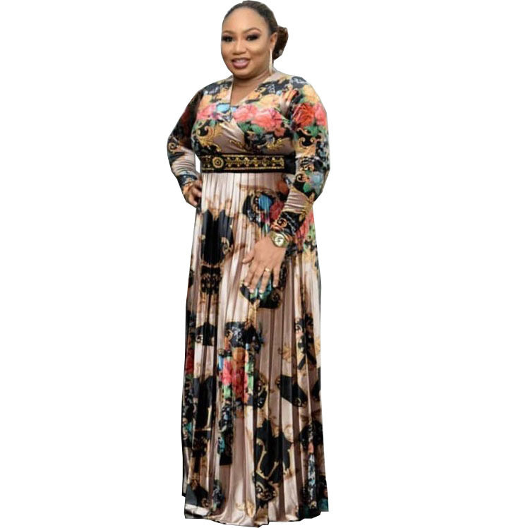 supply long skirt printingv neck waist and chest with diamond pleated skirt special price