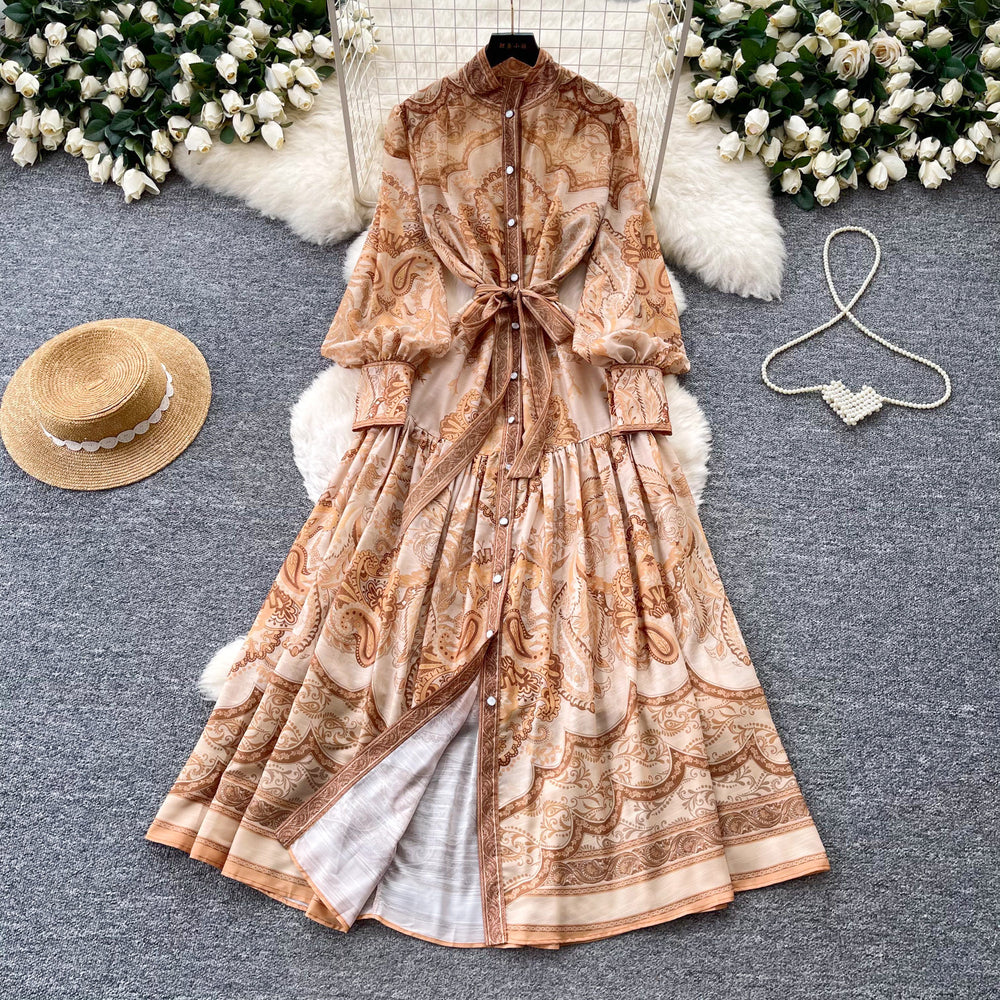 French retro print lantern sleeve dress - women's autumn korean style tie-waist slimming a-line maxi dress - commute friendly