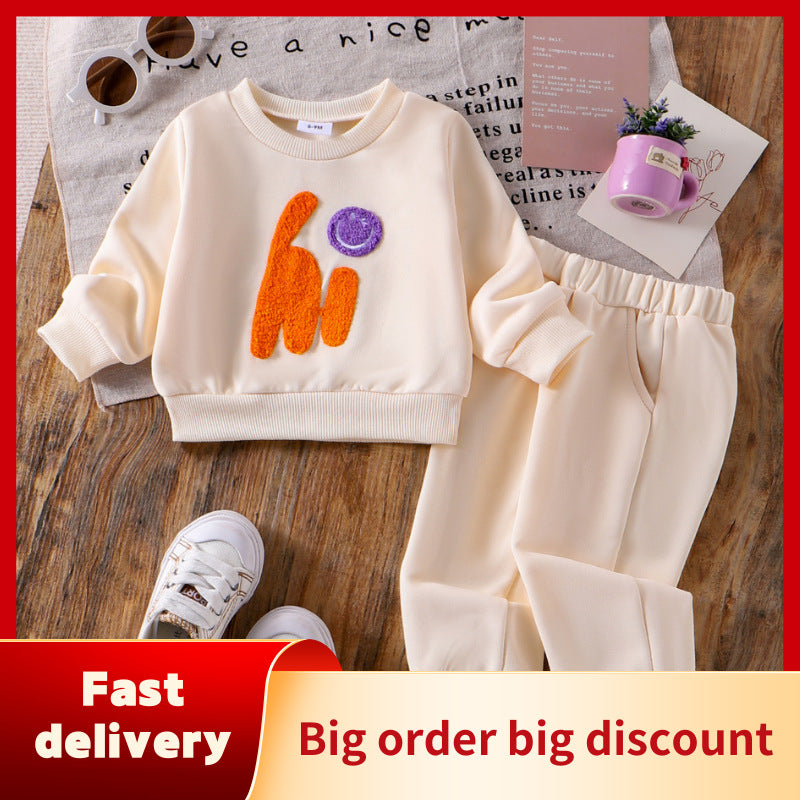 Children's clothing hiletter beige sweatshirtsuitspring & fallnew arrivallong sleevessuittwo-piece set