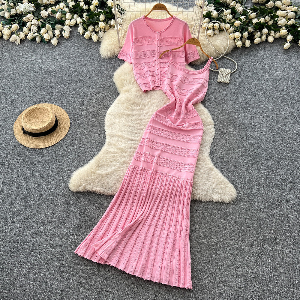 Gentle wind pink knitting light mature style two-piece set female summer silm waist fishtail skirt suit women's clothing outfit