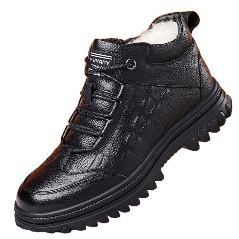 【genuine leather】winter fleece-lined wool leather cotton shoes men's high-top outdoor casual snow boots dad shoes