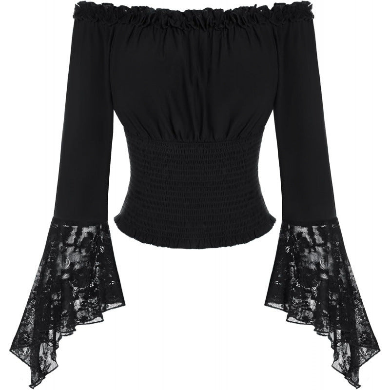 Amazon fashionlace off-shoulder long sleevesshirt women's  spring new arrival one-line collar rufflestops