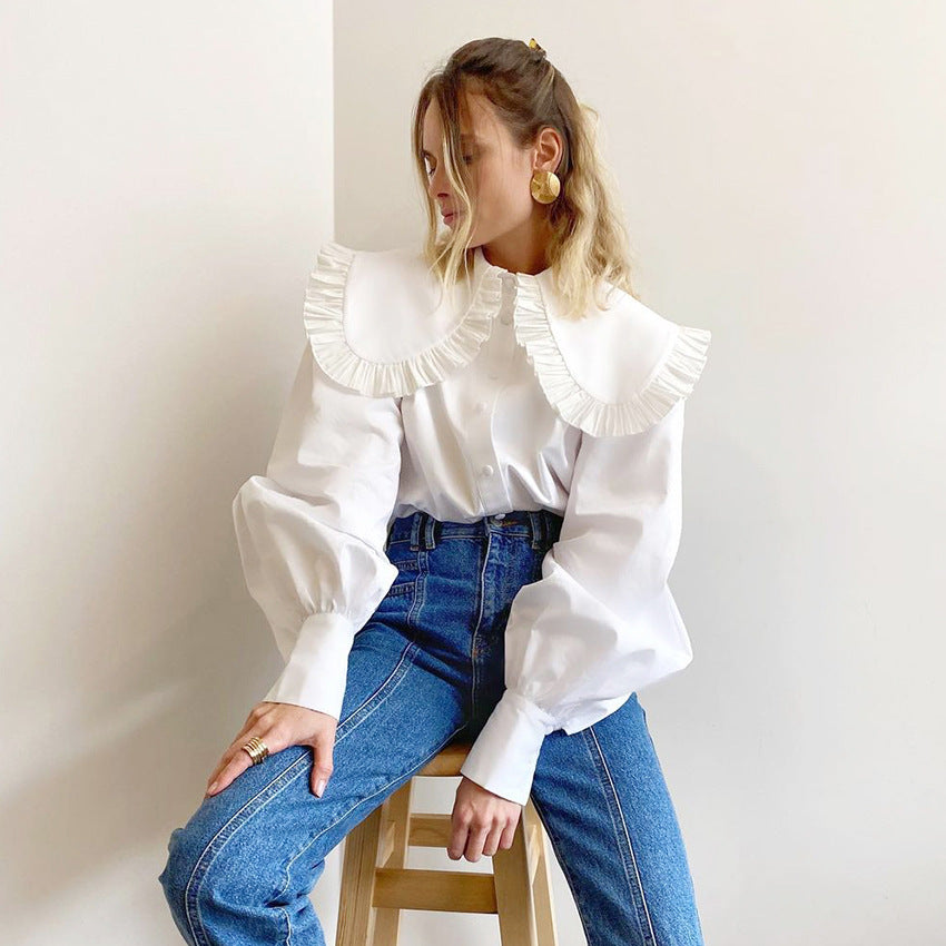 European and American fashion sweet white doll collar shirt 2024 design loose women's pure cotton cardigan long-sleeved top
