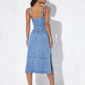 ins style fashionsummer women's dress water pattern light color denim suspender backless midi dress