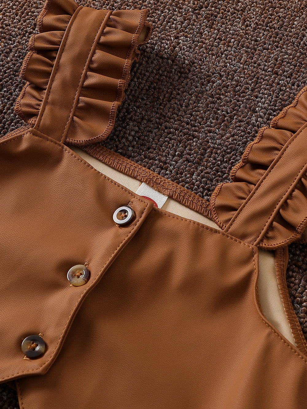 autumn new girls' preppy style mesh knit base layer top with leather vest + pleated leather skirt three-piece set