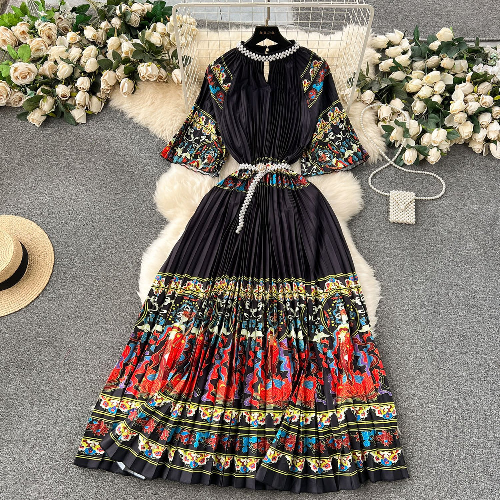 European style plus size women's high-end printed, heavily beaded, pleated long formal dress with pleated skirt - elegant women's dress