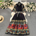 European style plus size women's high-end printed, heavily beaded, pleated long formal dress with pleated skirt - elegant women's dress