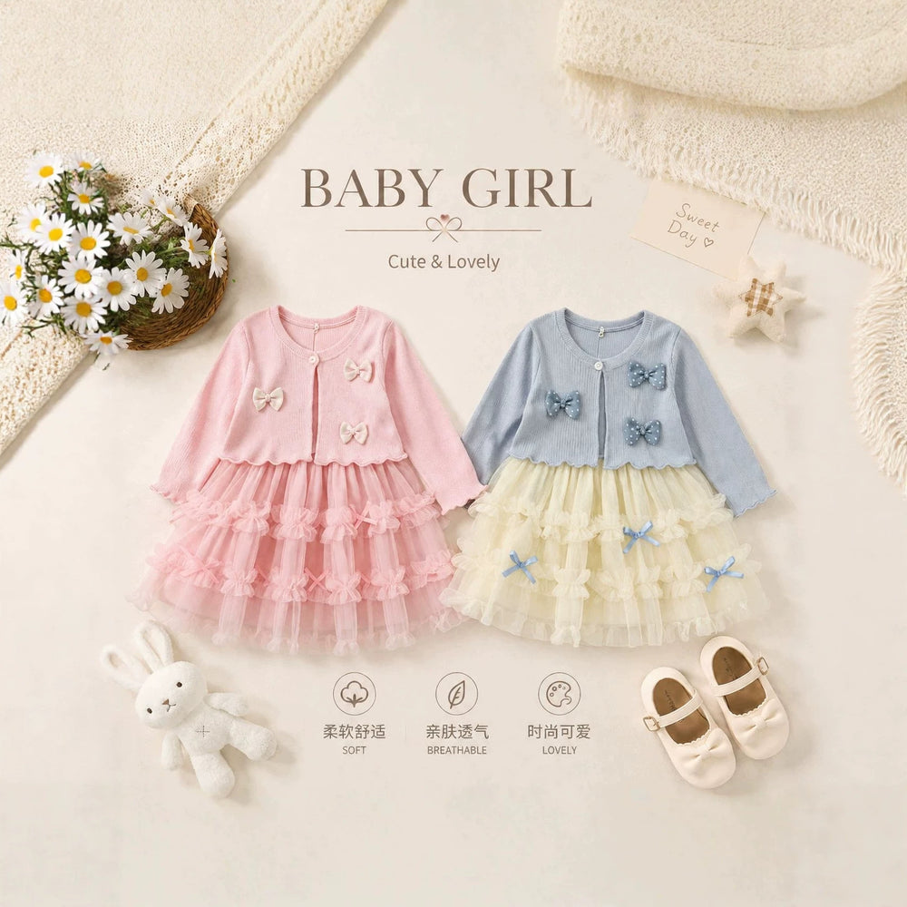 Sweet bowknot girls' dress - new mesh collection for autumn  - sweet mesh princess dress for baby girls