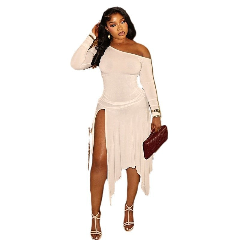 Fashion style exportstylishsilmpure color women's clothing trendy asymmetrical skirt oblique shoulder one-line collar long sleeves mid-length dress