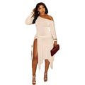 Fashion style exportstylishsilmpure color women's clothing trendy asymmetrical skirt oblique shoulder one-line collar long sleeves mid-length dress