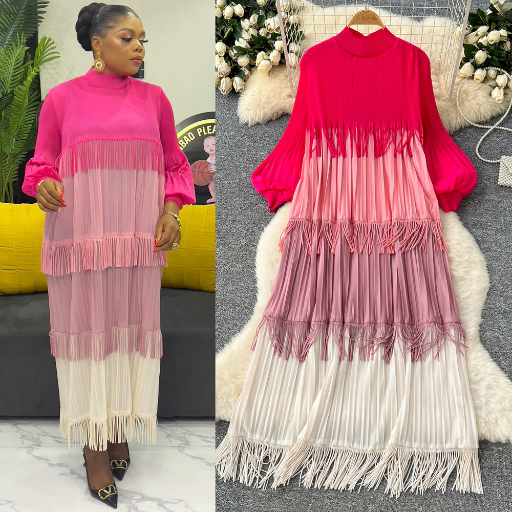Miura european and american fashion dress women's  spring high-end lantern sleeve loose slimming color block tassel maxi dress