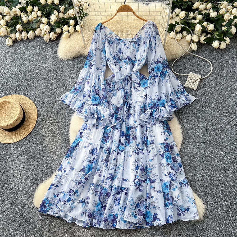 French chic one-shoulder flared sleeve tie-waist floral chiffon dress - women's autumn ruffle maxi dress